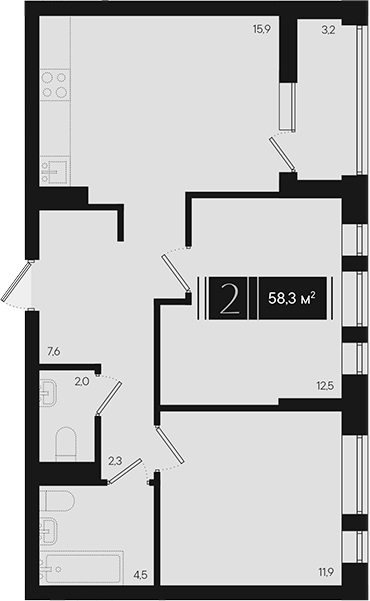 2-комн., 56.7 м², 3/9 этаж, ЖК «Эрмитаж»