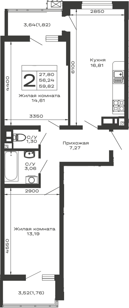 2-комн., 56.24 м², 7/14 этаж, ЖК «Долина»