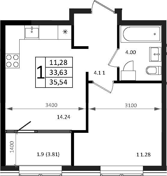 2-комн., 33.64 м², 5/7 этаж, ЖК «Патрики»