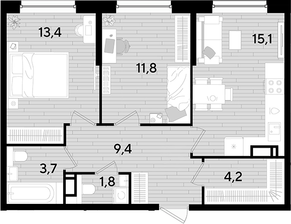 2-комн., 59.4 м², 11/16 этаж, ЖК «DОГМА ПАРК»