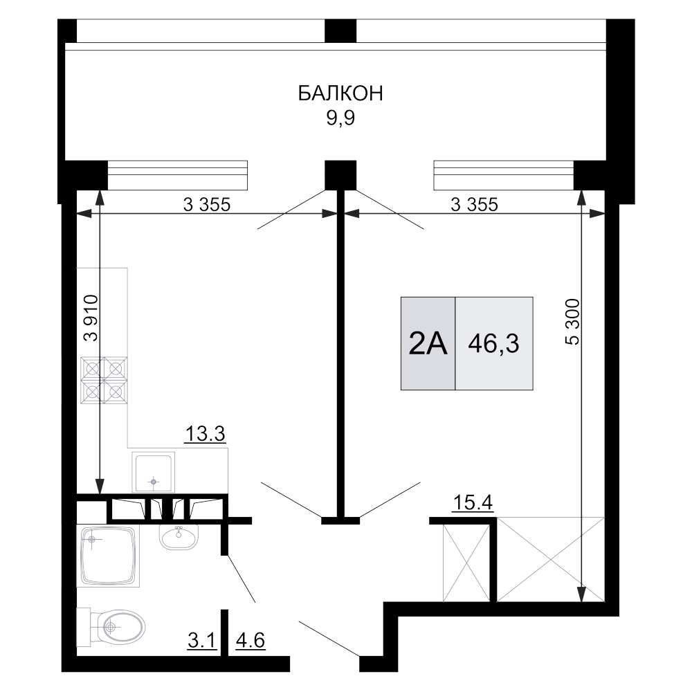 2-комн., 36.4 м², 8/9 этаж, ЖК «Гостиничный комплекс Мореград»