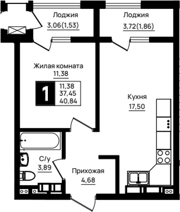1-комн., 37.45 м², 11/18 этаж, ЖК «Резиденция морей»