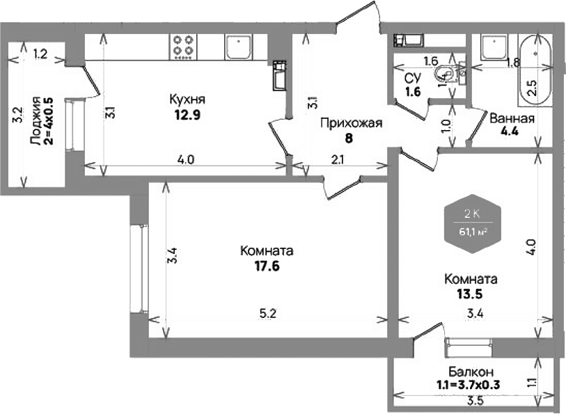2-комн., 58 м², 2/21 этаж, ЖК «Бауинвест»