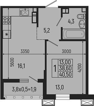 2-комн., 38.6 м², 5/5 этаж, ЖК «Звезды»