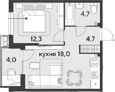 2-комн., 39.7 м², 2/18 этаж, ЖК «Парк Победы»
