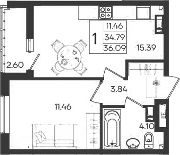 1-комн., 34.79 м², 6/9 этаж, ЖК «Дом 101»