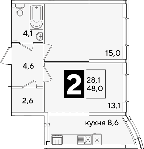 2-комн., 48 м², 1/16 этаж, ЖК «Самолет»