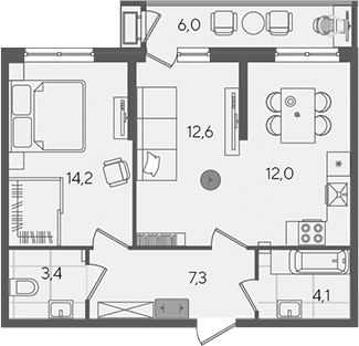 2-комн., 53.6 м², 2/24 этаж, ЖК «Рекорд»