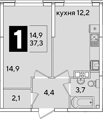 1-комн., 37.3 м², 9/16 этаж, ЖК «Самолет»