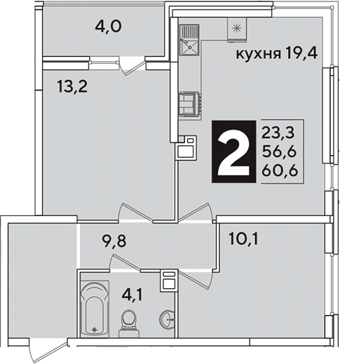 3-комн., 56.6 м², 2/16 этаж, ЖК «Самолет»