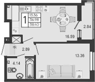 Продается 1-комн. квартира, 36.98 м²