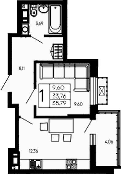 1-комн., 33.76 м², 9/16 этаж, ЖК «Эпос»