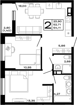 2-комн., 52.71 м², 3/14 этаж, ЖК «Горные высоты»