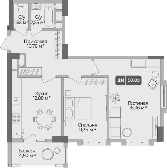 2-комн., 57.54 м², 11/17 этаж, ЖК «Золотой берег. СЗ Среда»