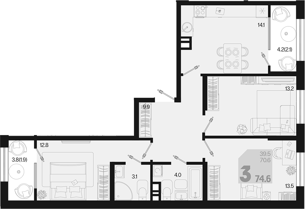 3-комн., 70.6 м², 9/9 этаж, ЖК «Первое место»