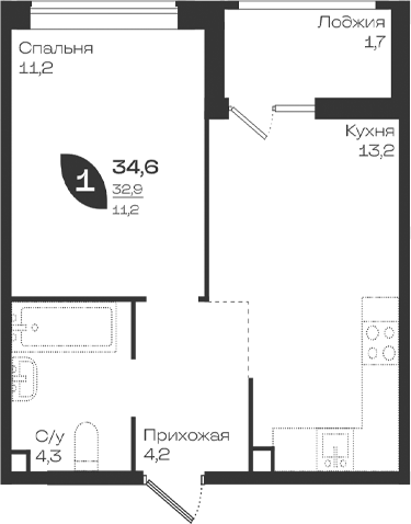 1-комн., 32.9 м², 2/9 этаж, ЖК «Ботаника»