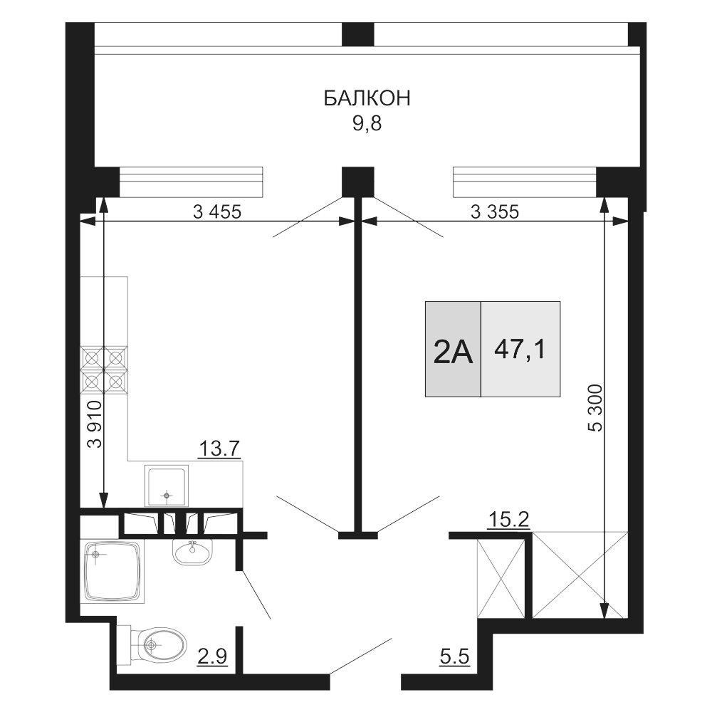 2-комн., 37.3 м², 7/9 этаж, ЖК «Гостиничный комплекс Мореград»