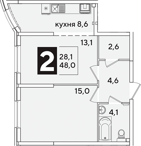 2-комн., 48 м², 2/16 этаж, ЖК «Самолет»