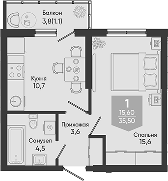 Продается 1-комн. квартира, 34.4 м²
