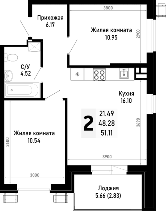 2-комн., 48.28 м², 1/4 этаж, ЖК «Усадьба Гостагаевская»