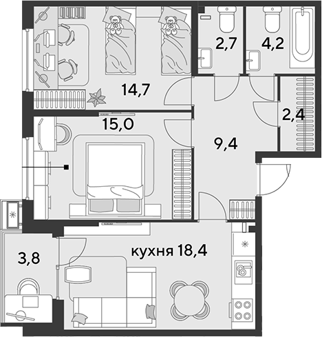 3-комн., 66.8 м², 2/9 этаж, ЖК «Парк Победы»