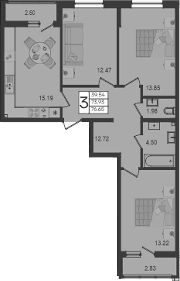 3-комн., 73.93 м², 2/18 этаж, ЖК «Дом 101»
