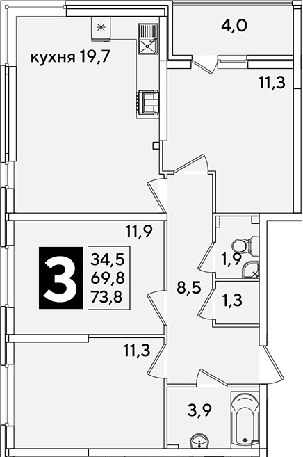 4+ комнаты, 69.8 м², 2/16 этаж, ЖК «Самолет»