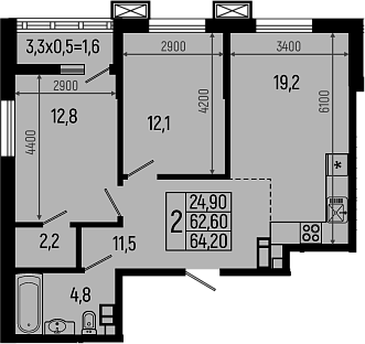 2-комн., 62.6 м², 6/11 этаж, ЖК «Звезды»