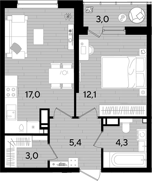 1-комн., 41.8 м², 10/16 этаж, ЖК «DОГМА ПАРК»