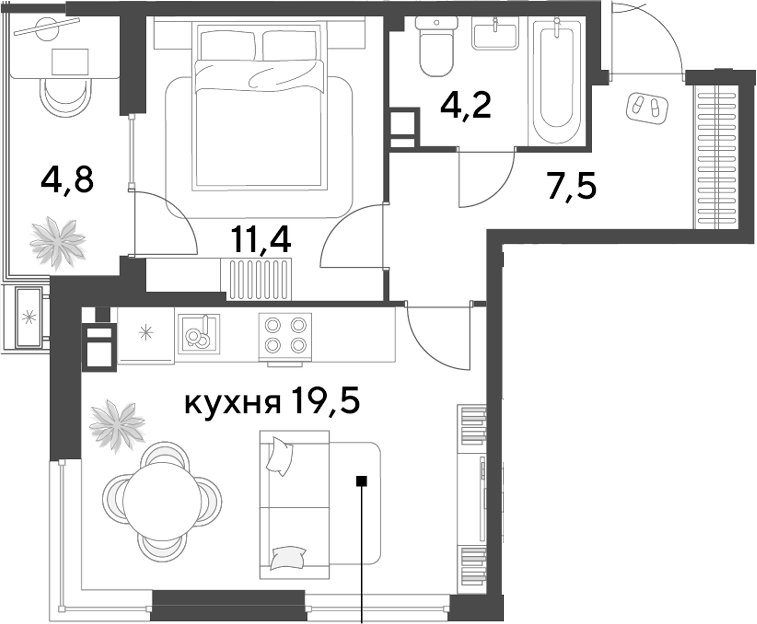 2-комн., 42.6 м², 8/9 этаж, ЖК «Парк Победы»