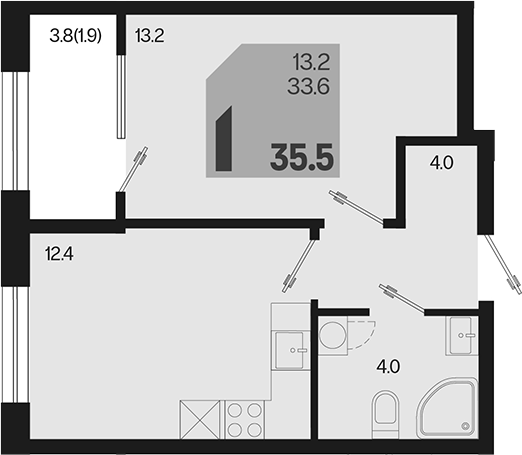 1-комн., 33.6 м², 2/9 этаж, ЖК «Первое место»