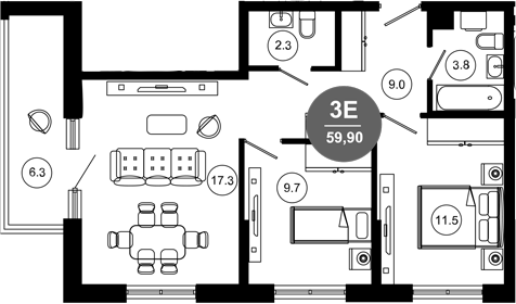3-комн., 53.6 м², 6/10 этаж, ЖК «Гостиничный комплекс GREENMONT»