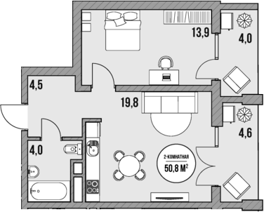 1-комн., 42.2 м², 2/4 этаж, ЖК «МореТут»