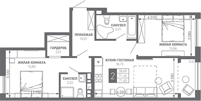 2-комн., 73 м², 6/9 этаж, ЖК «Иначе в Молодежном»