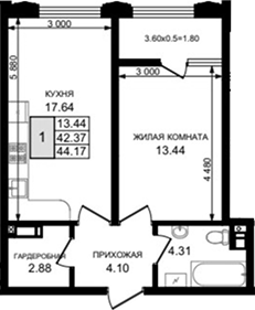 1-комн., 42.37 м², 2/8 этаж, ЖК «Резиденция морей»