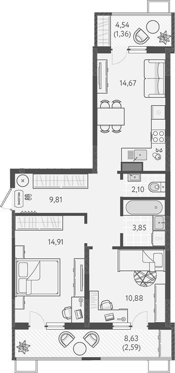 2-комн., 56.22 м², 6/9 этаж, ЖК «Теплые края»