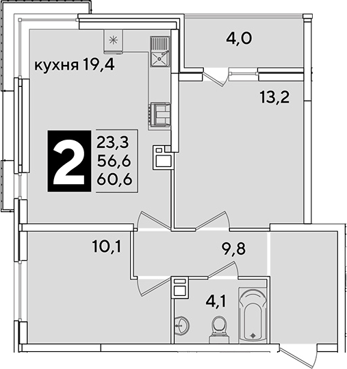 3-комн., 56.6 м², 6/16 этаж, ЖК «Самолет»