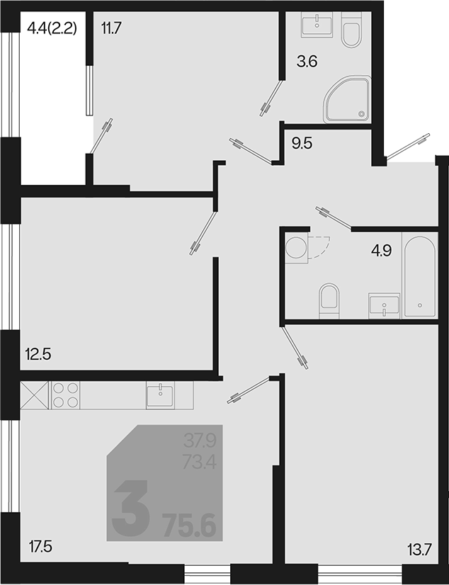 3-комн., 73.4 м², 2/9 этаж, ЖК «Первое место»