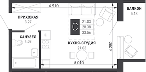 Студия, 28.38 м², 2/9 этаж, ЖК «Иначе в Молодежном»