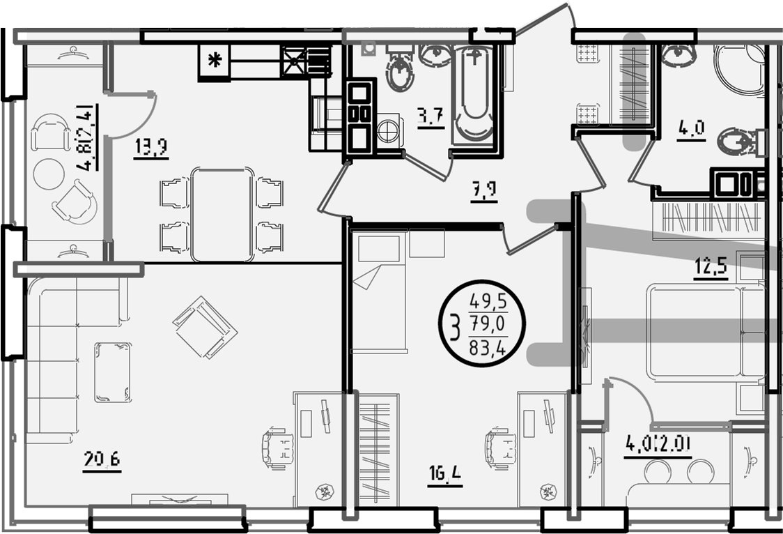 3-комн., 79 м², 8/9 этаж, ЖК «Первое место»