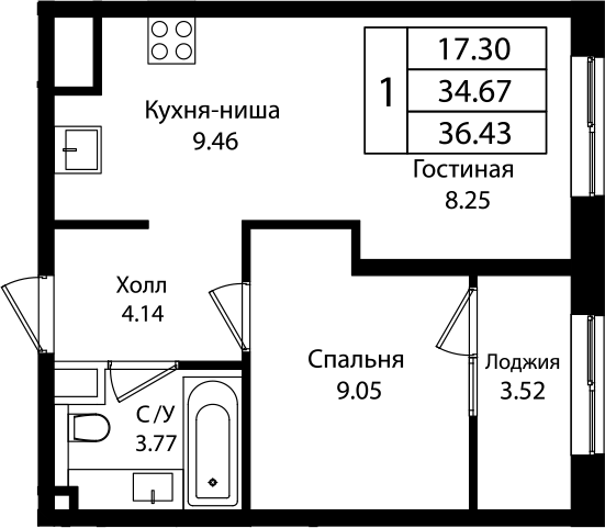 2-комн., 34.44 м², 12/18 этаж, ЖК «Патрики»