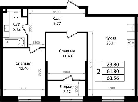 Продается 2-комн. квартира, 61.34 м²