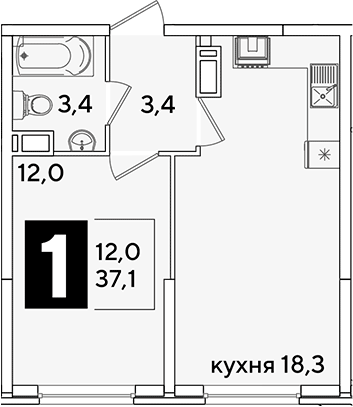 2-комн., 37.1 м², 14/16 этаж, ЖК «Самолет»