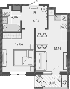 1-комн., 37.46 м², 8/18 этаж, ЖК «Теплые края»