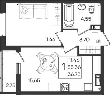 1-комн., 35.36 м², 9/9 этаж, ЖК «Дом 101»