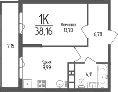 1-комн., 34.58 м², 3/18 этаж, ЖК «Кумир»