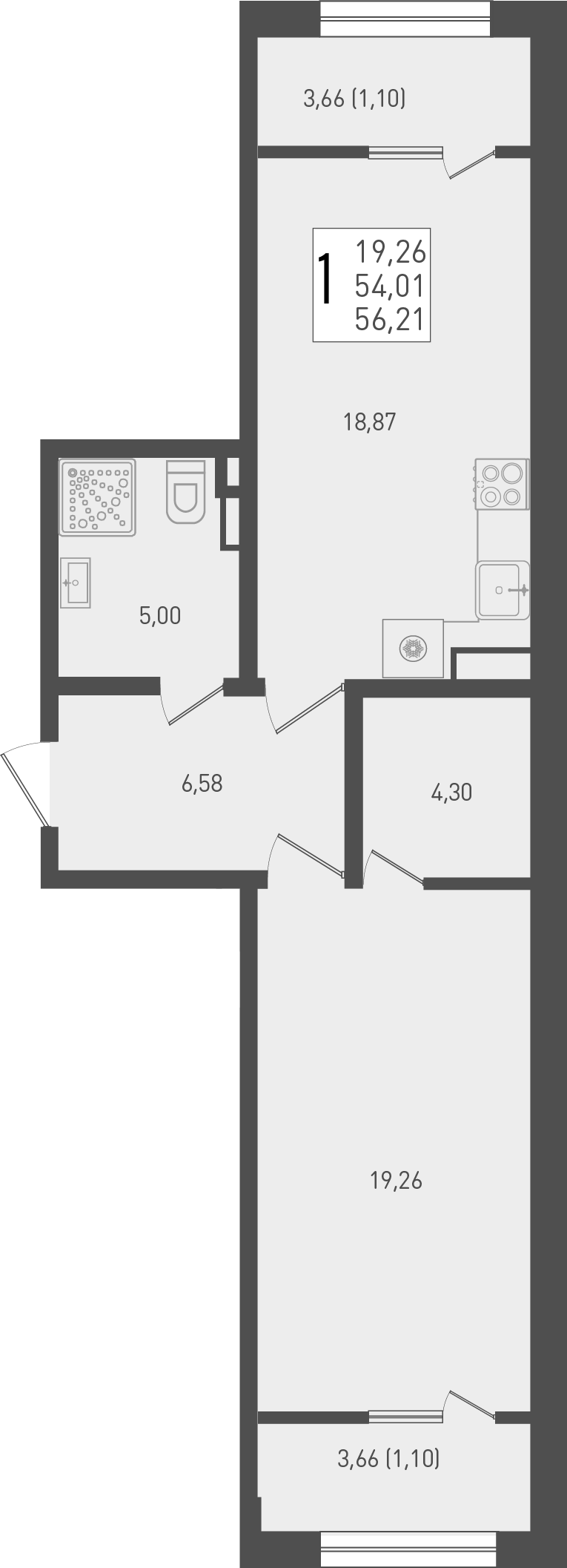 Продается 1-комн. квартира, 54.01 м²