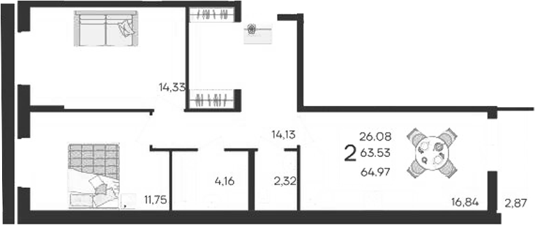 2-комн., 63.53 м², 2/9 этаж, ЖК «Дом 101»