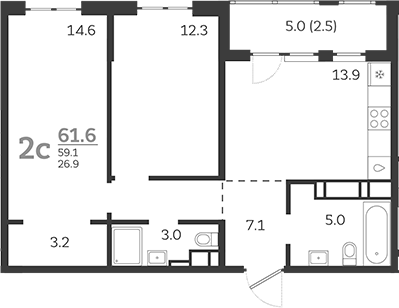 Продается 2-комн. квартира, 59.1 м²