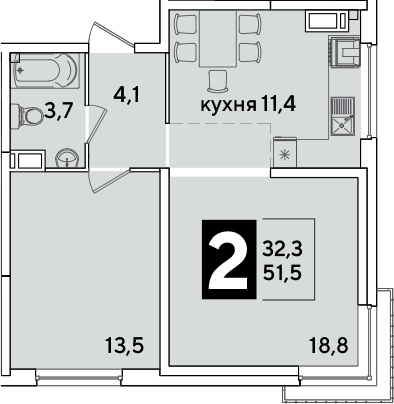 2-комн., 51.5 м², 13/16 этаж, ЖК «Самолет»